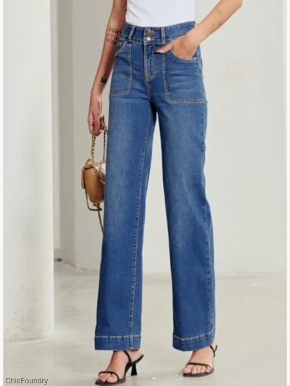 High Waisted Wide Leg Stretchy Tummy Control Straight Denim Pants - Picture 3 of 7